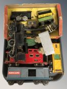 Vintage tin plate locomotive related items, clock work train set,