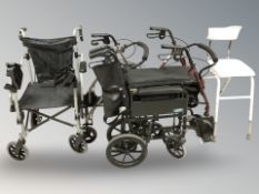 A group of mobility assistance chairs and walking aids.