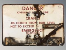 A vintage railway related painted metal sign, 'Danger overhead electric line', 31 cm x 45 cm.