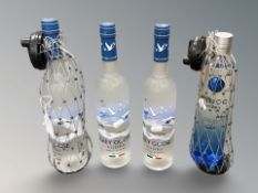 Four bottles of alcohol, Grey Goose vodka (3), 700ml, and Ciroc French vodka, 70cl.