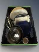A crate of copper pans, kitchen ware,