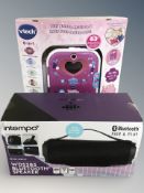 An Intempo bluetooth speaker and a Vtech secret safe diary, both boxed.