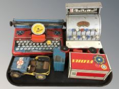 Vintage tin plated items including Codeg cash register, Mettype typewriter,
