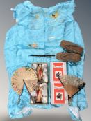 A box embroidered shawl, fans,