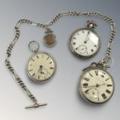 A silver open face pocket watch marked Improved Patent, with silver Albert chain and fob,