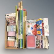 Two boxes of craft and paper items including gift wrap, etc.