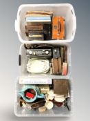 Three boxes of ceramics and china, Bunnykins china, pottery jug, vintage reel, tarrot cards,