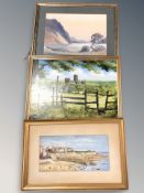 Three pictures including two coastal watercolours and oil on board depicting Durham Cathedral