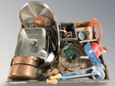 Two boxes of continental enamel and other stainless kitchen wares,