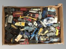 A box of a large quantity of play worn die cast vehicles