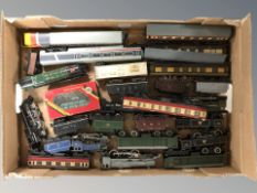 A group of model railway locomotive engines, carriages, tenders, etc.