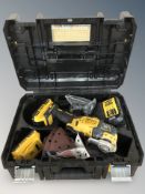 A DeWalt DCS355 cordless multi tool in case with various accessories.