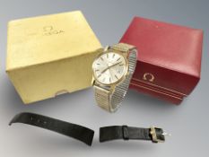 A gent's stainless steel and gold plated Omega Geneve centre seconds calendar wristwatch,