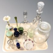 Two decanters, glass jar, decorative vases,