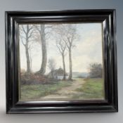 Karl Lundgreen : Thatched cottage by trees, oil on canvas, 41 cm x 37 cm.