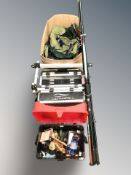 A quantity of fishing equipment, two storage stools and contents, bundle of rods, etc.