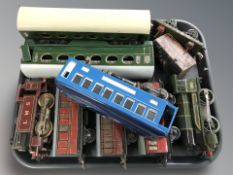 A group of tin plate rolling stock including locomotive, passenger cars, etc.
