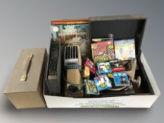 A record player, projector, records,