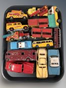 A group of tin plate and die cast cars including Corgi, Majorette, etc.