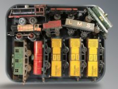 A group of tin plate rolling stock including locomotive, passenger cars, etc.