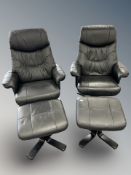 A pair of contemporary Scandinavian ebonised black stitched leather armchairs,