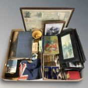 A group of boxed and un-boxed cutlery, children's books, framed print, torch tool kit,