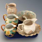 Two Wades Art Deco jugs, an Athur Wood wildflower jug, an Avon ware salad bowl and spoon, etc.