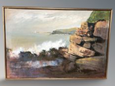 W E Charlton : Waves crashing against rocks at the coast, oil on canvas, signed and dated '87,