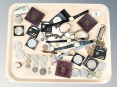 A group of collectables including coins, watches, S.