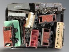 A group of tin plate rolling stock including locomotive, passenger cars, etc.