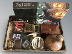 A roulette set in box, leather wallets, lighter, trinket boxes, decanter, etc.