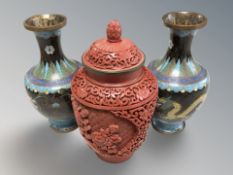 A Chinese cinnabar lacquer vase and cover, height 18 cm,