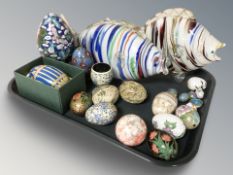 A group of egg ornaments including cloisonne examples,