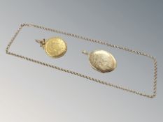 A gold-plated locket on 9ct gold belcher link chain,