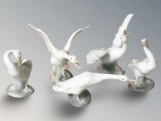 Five Lladro geese, largest 15 cm long.