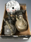 Two bakelite telephones, two kettles and an enameled metal ship's telegraph dial by Mechans Limited,