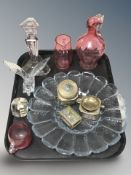 A group of brass and cloisonne enameled items, cranberry glass items, candlestick,