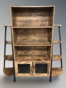 A contemporary open bookcase and matching pair of four tier corner stands,