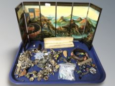 A miniature oriental sixfold lacquer screen, together with a group of costume jewellery.