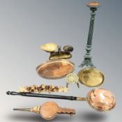 A set of brass scales with weights, silver plated serving tray, bellows, copper bed warmer,