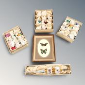 Two framed butterfly specimens and a group of vintage Christmas tree baubles