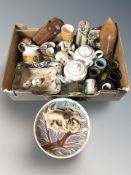 Assorted ceramics and figures, vintage wooden shoe stretcher, etc.