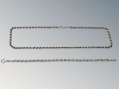 A sterling silver rope twist necklace, length 41 cm, together with similar bracelet length 18.