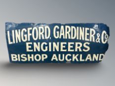A Lingford, Gardiner & Co Engineers Bishop Auckland enamelled metal sign,