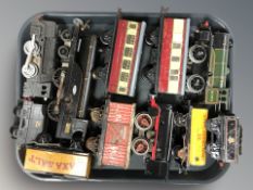 A group of tin plate rolling stock including locomotive, passenger cars, etc.