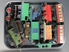 A group of tin plate rolling stock including locomotive, passenger cars, etc.