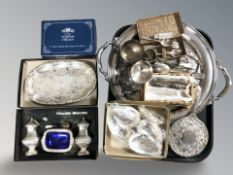 An EPNS twin handled serving tray, assorted flat wares, silver topped crystal scent bottle, etc.