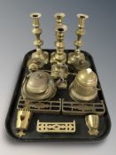 Two pairs of 19th century brass candlesticks, further brass wares including tea pot, trivets,