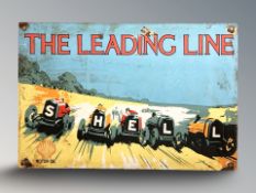 An enameled metal Shell 'The Leading Line Motor Oil' sign, width 30 cm.