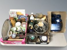 Assorted ceramics, figurines, kitchen wares, whisky decanter, desk punch, pair of opera glasses,